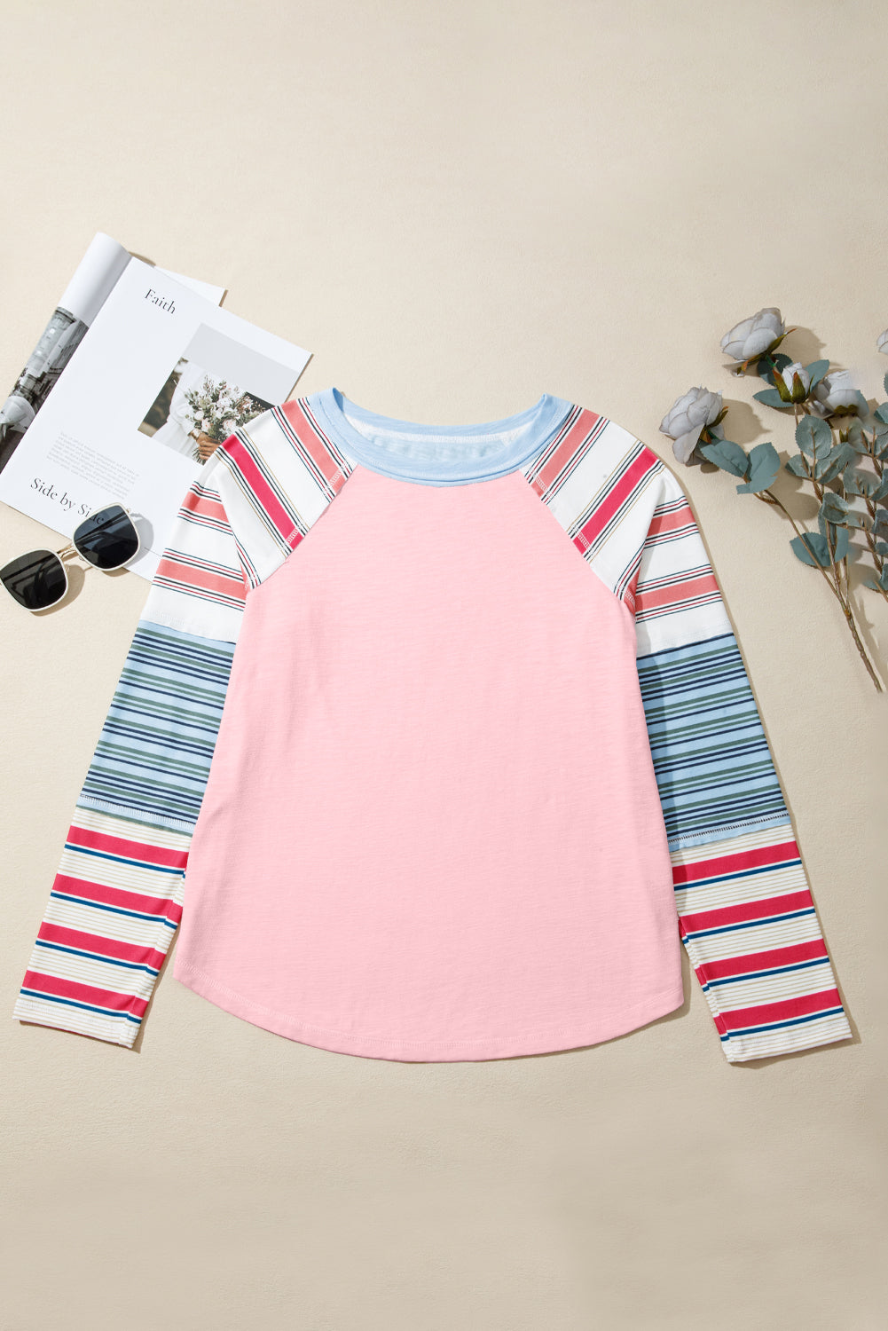 Pink Color Block Round Neck Exposed Seam Patchwork Striped Long Sleeve Top