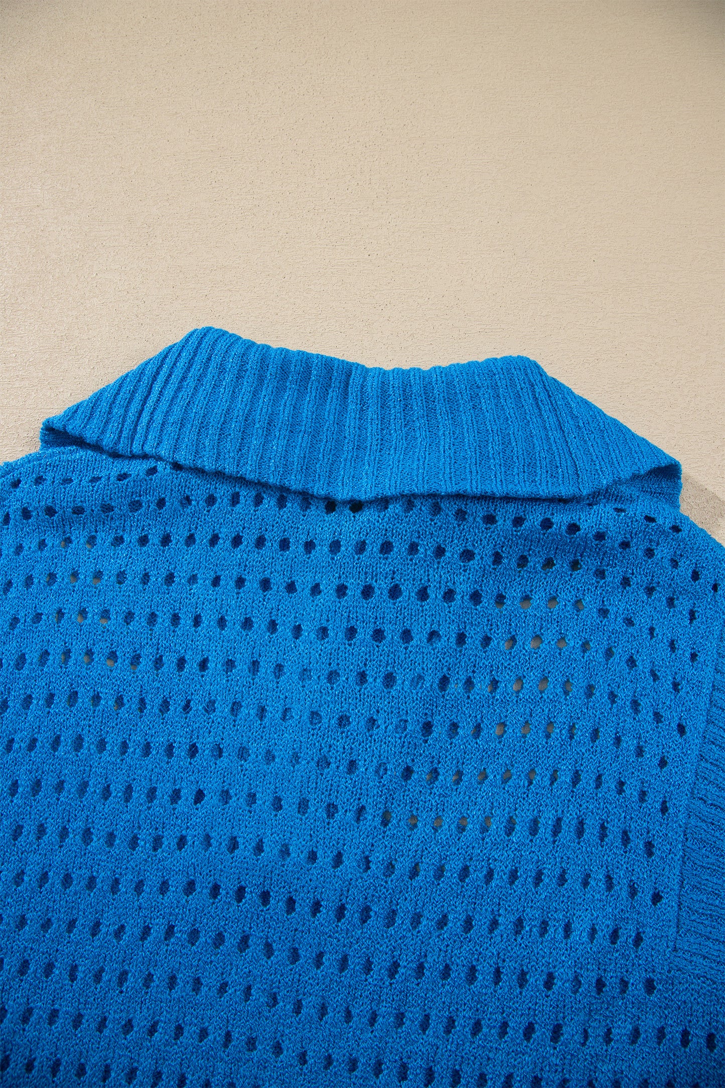 Sky Blue Solid Color Hollowed Knit Short Sleeve Zipper Collar Knitwear Top-Sweaters & Cardigans/Short Sleeve Sweaters-[Adult]-[Female]-2022 Online Blue Zone Planet