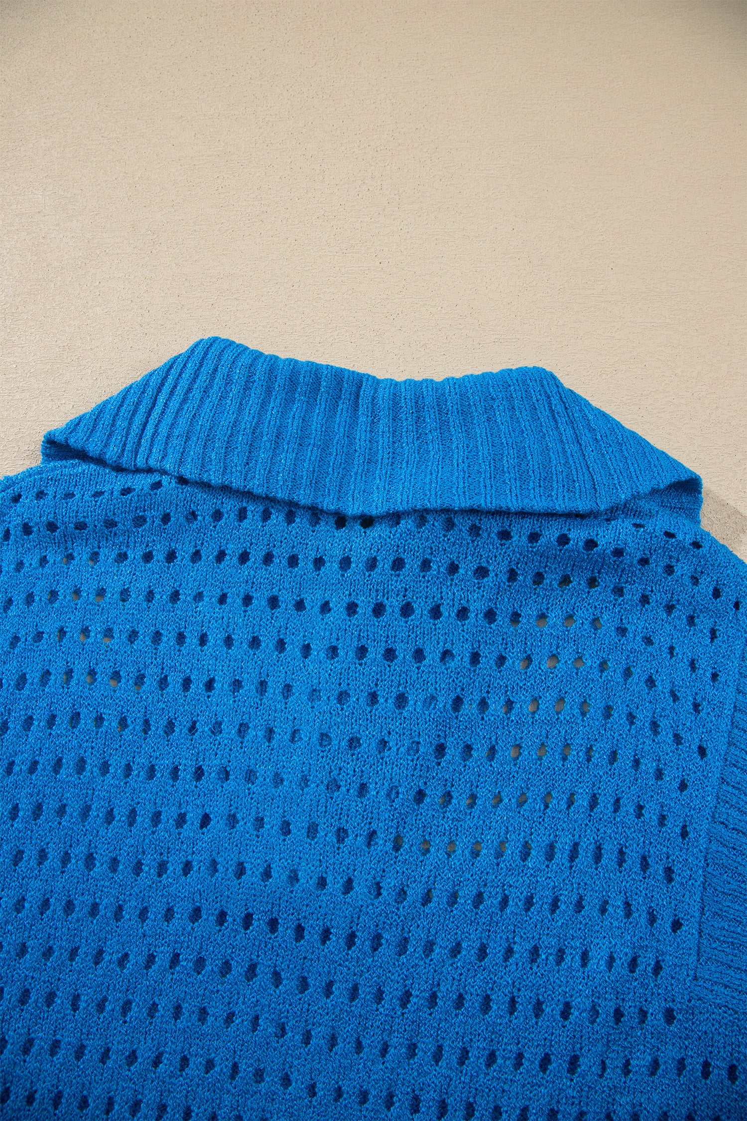 Sky Blue Solid Color Hollowed Knit Short Sleeve Zipper Collar Knitwear Top-Sweaters & Cardigans/Short Sleeve Sweaters-[Adult]-[Female]-2022 Online Blue Zone Planet