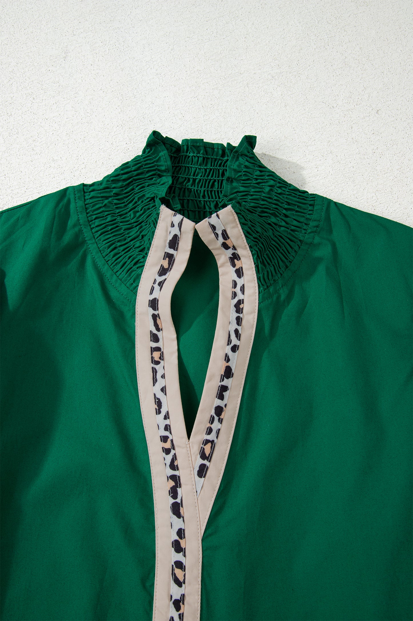 Evergreen Puffy Flounce Sleeve Leopard Trim V Neck Blouse-Tops/Blouses & Shirts-[Adult]-[Female]-2022 Online Blue Zone Planet