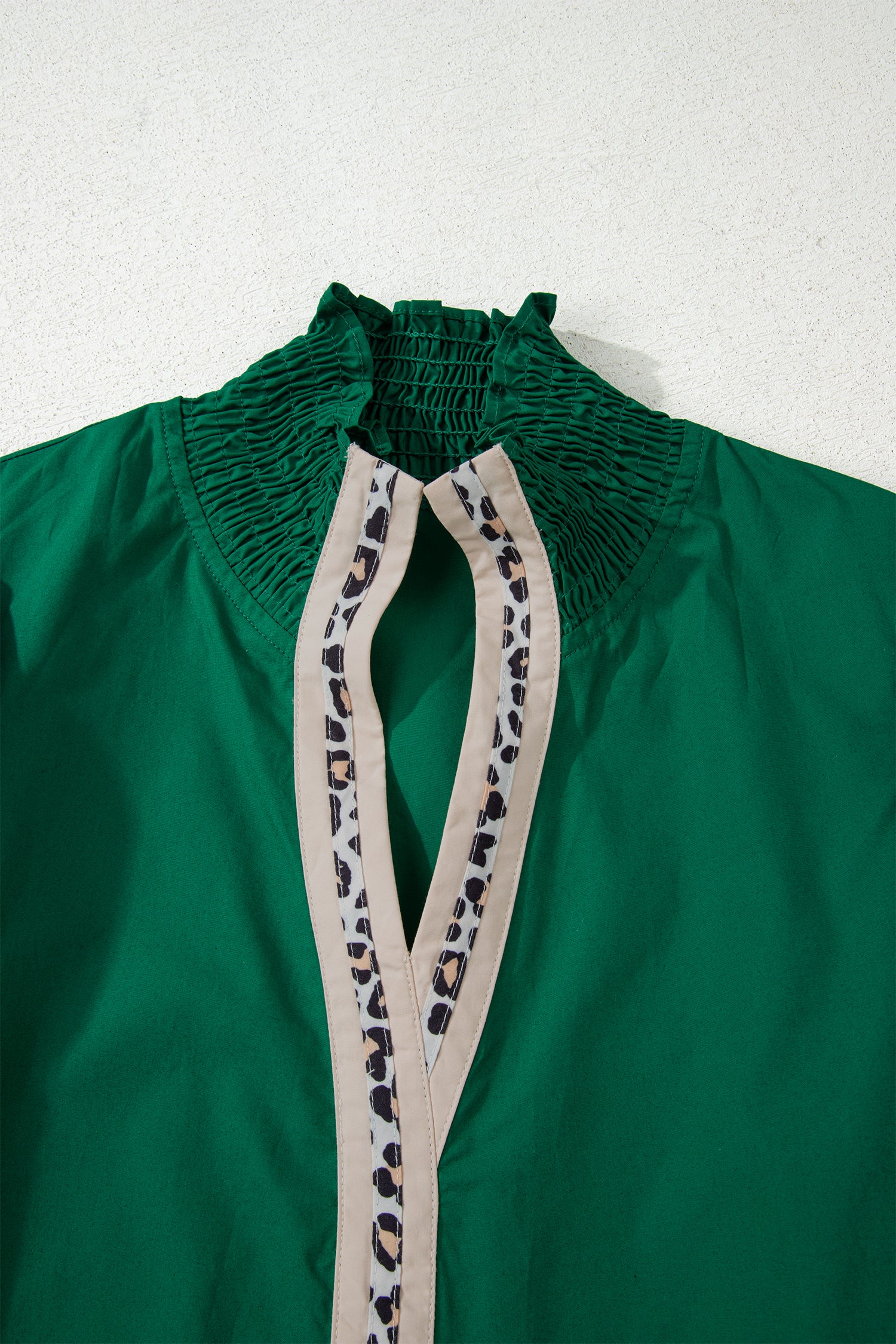 Evergreen Puffy Flounce Sleeve Leopard Trim V Neck Blouse-Tops/Blouses & Shirts-[Adult]-[Female]-2022 Online Blue Zone Planet