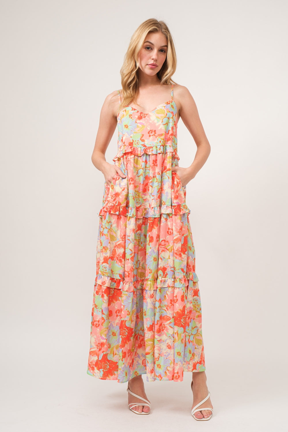 And The Why Floral Ruffled Tiered Maxi Adjustable Strap Cami Dress-[Adult]-[Female]-2022 Online Blue Zone Planet