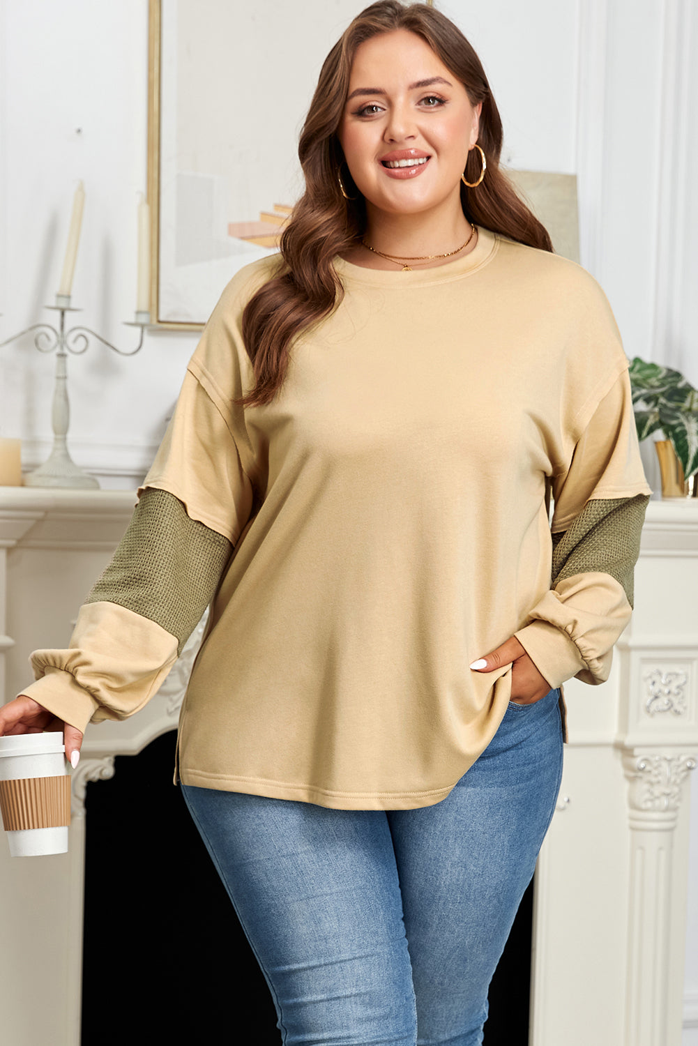 Laurel Green Exposed Seam Contrast Texture Patchwork Plus Size Drop Shoulder Pullover-Plus Size/Plus Size Tops/Plus Size Long Sleeve Tops-[Adult]-[Female]-2022 Online Blue Zone Planet