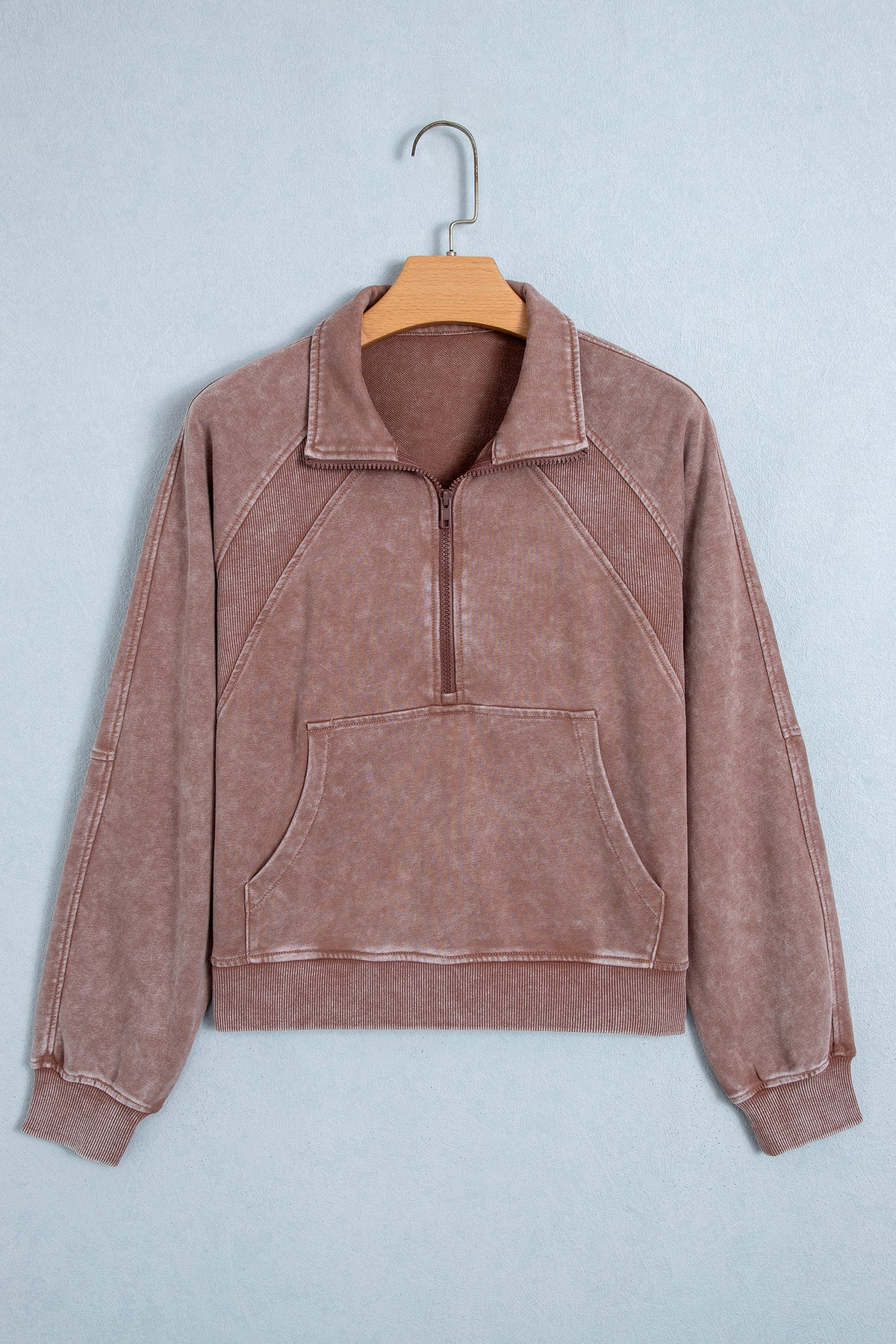 Chestnut Vintage Half-Zip Long Sleeve Ribbed Cuffs Hem Shift Silhouette Sweatshirt