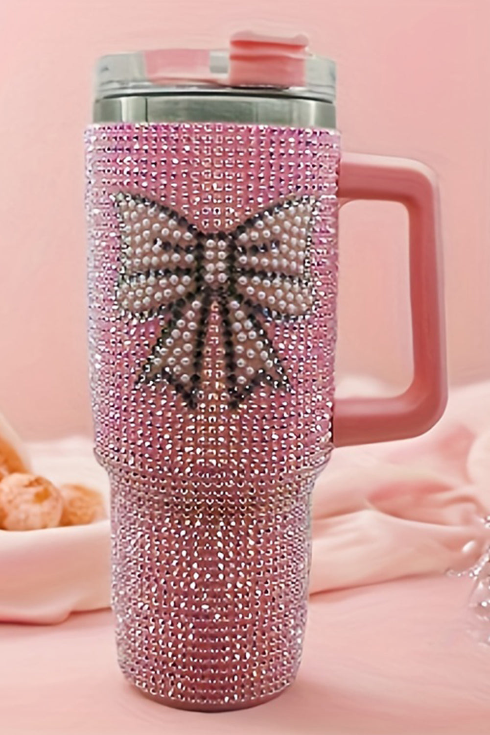 Pink Sweet Rhinestone Bow Tumbler Cup with Straw and Handle-Cups-[Adult]-[Female]-Pink-ONE SIZE-2022 Online Blue Zone Planet