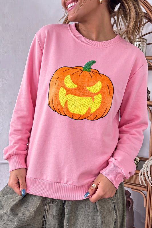Pink Embroidered Pumpkin Face Long Sleeve Round Neck Sweatshirt-Tops/Sweatshirts & Hoodies-[Adult]-[Female]-2022 Online Blue Zone Planet