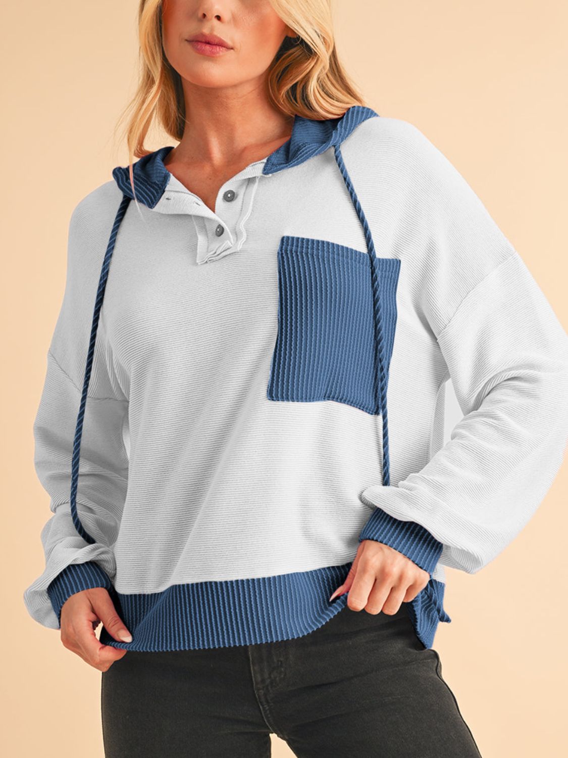 Blue Zone Planet | Corded Color Block Drawstring Hoodie-TOPS / DRESSES-[Adult]-[Female]-2022 Online Blue Zone Planet