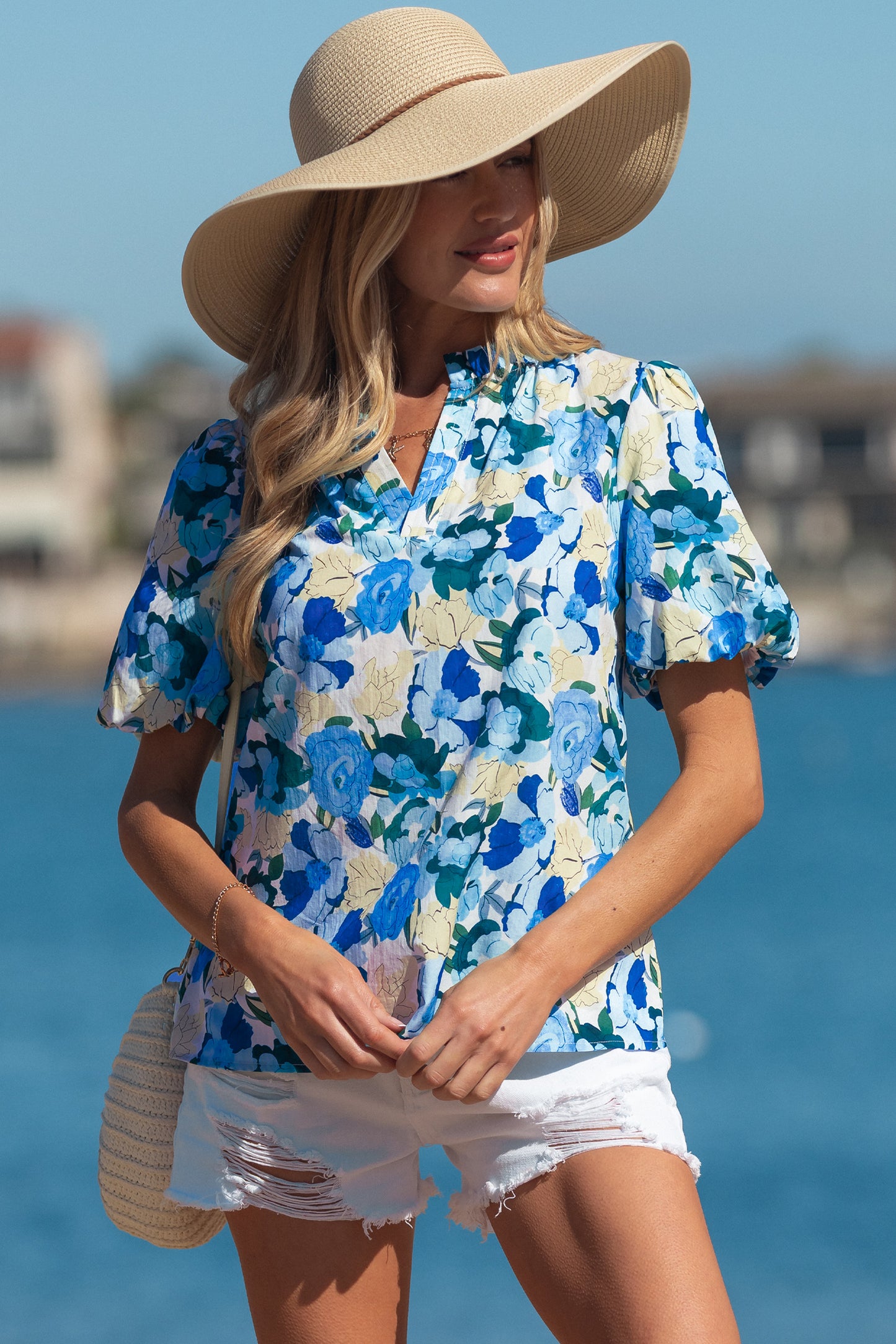 Sky Blue Floral Print Short Puff Sleeve V Neck Blouse-Tops/Blouses & Shirts-[Adult]-[Female]-2022 Online Blue Zone Planet