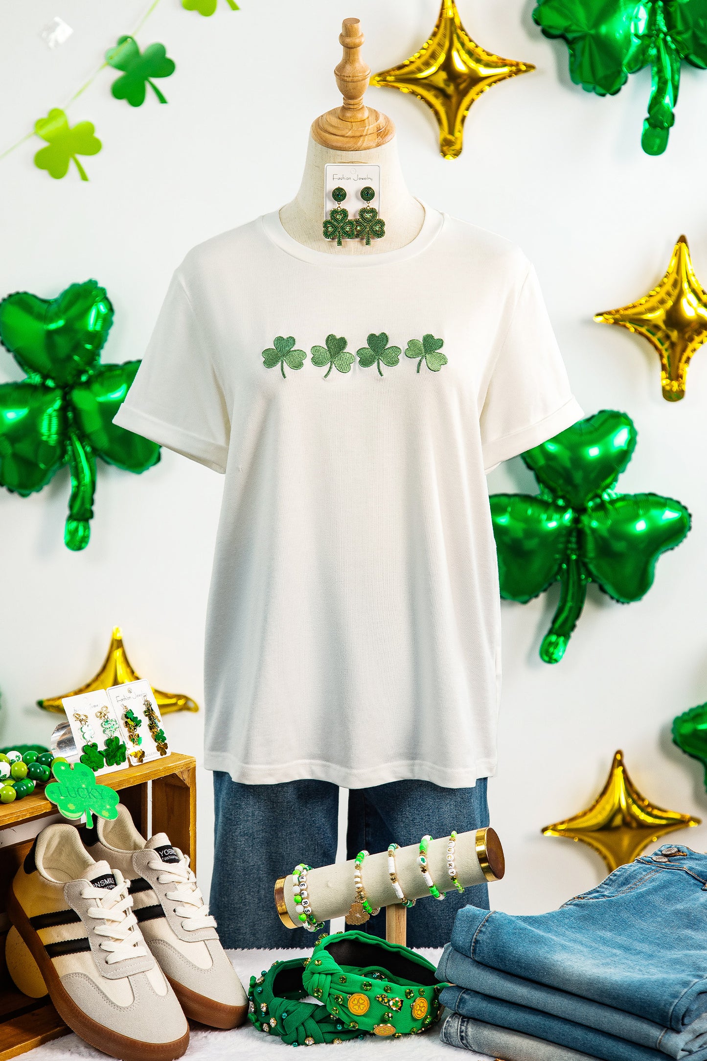 White Embroidered Clover St Patricks Fashion Graphic Tee-Graphic/Graphic Tees-[Adult]-[Female]-2022 Online Blue Zone Planet