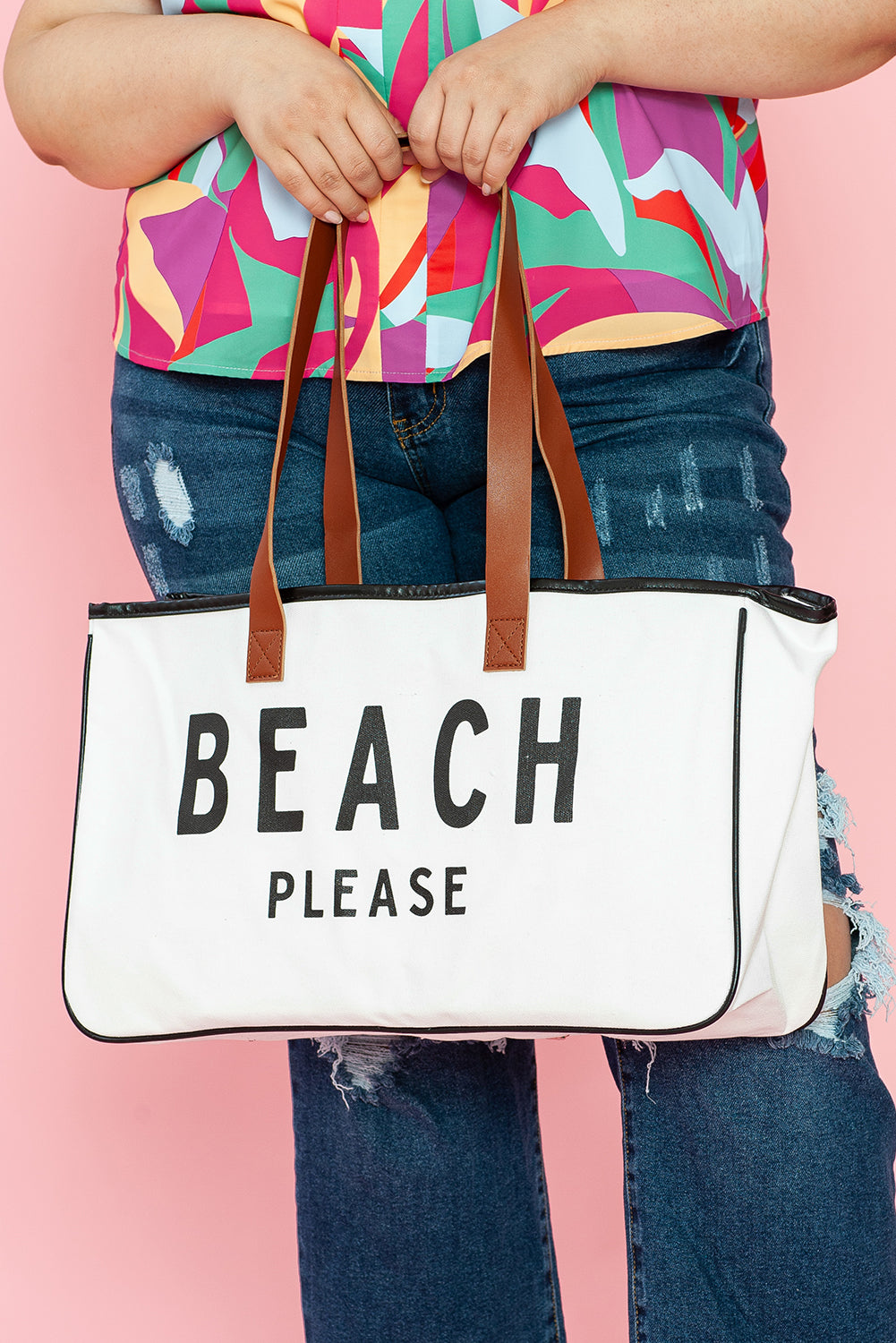 White BEACH PLEASE Print Large Canvas Tote Bag-Shoes & Bags/Handbags-[Adult]-[Female]-2022 Online Blue Zone Planet
