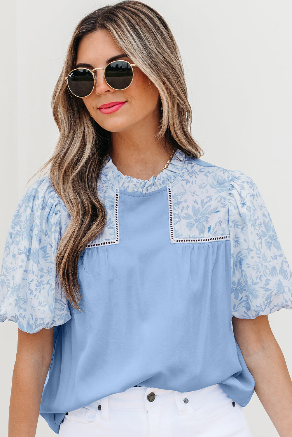 Beau Blue Lace Insert Floral Puff Sleeve Patchwork Loose Blouse-Tops/Blouses & Shirts-[Adult]-[Female]-2022 Online Blue Zone Planet