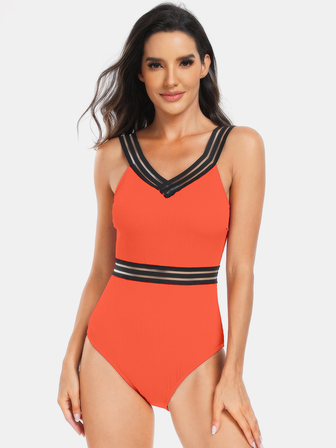 V-Neck One-Piece Swimwear-TOPS / DRESSES-[Adult]-[Female]-Orange-S-2022 Online Blue Zone Planet