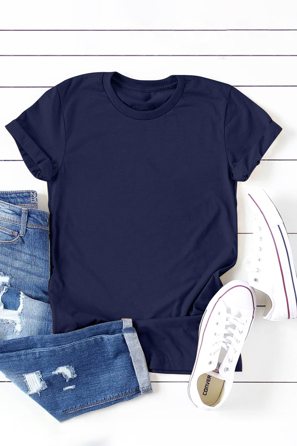 Blue Solid Color Crew Neck Tee-Tops/Tops & Tees-[Adult]-[Female]-2022 Online Blue Zone Planet