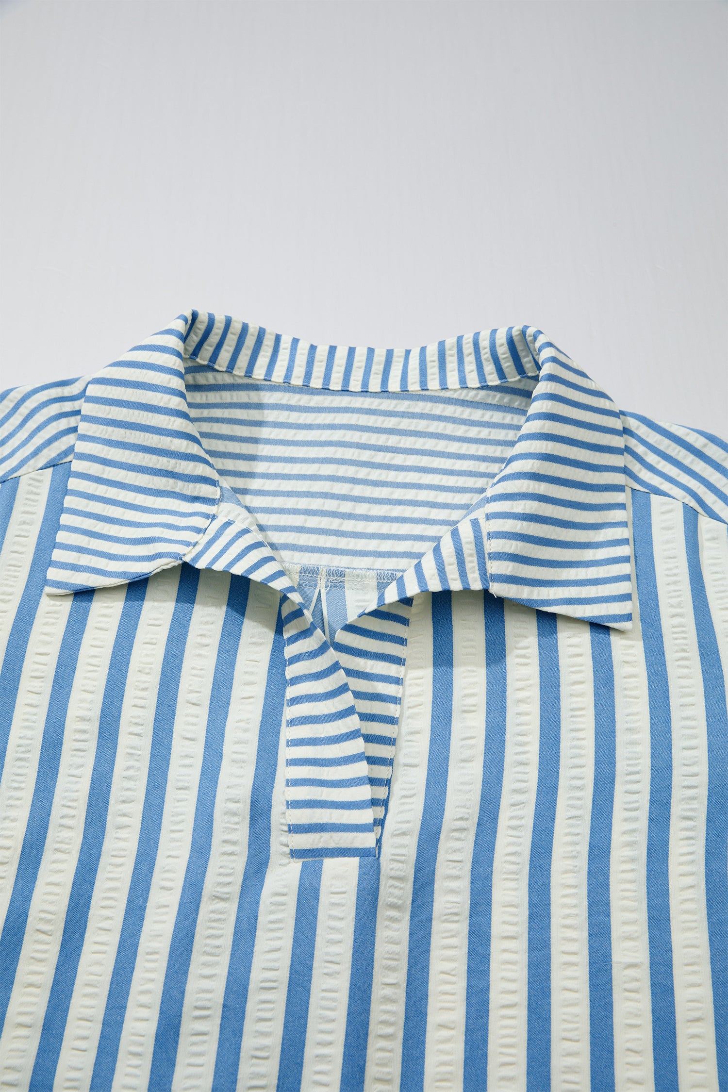 Sky Blue Stripe 3/4 Sleeve Collared Neck Blouse-Tops/Blouses & Shirts-[Adult]-[Female]-2022 Online Blue Zone Planet