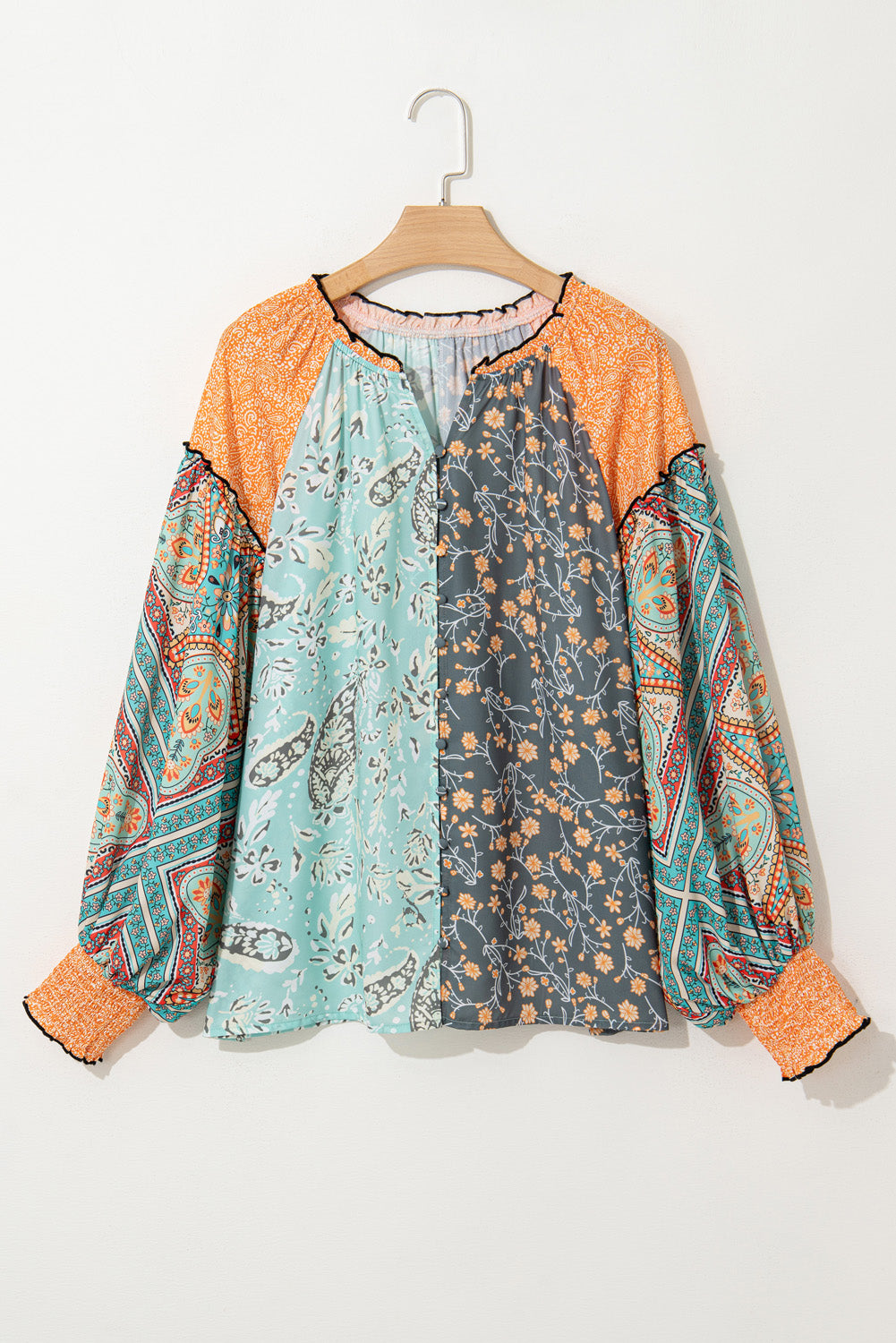 Green Floral Patchwork V Neck Lantern Sleeve Plus Size Blouse-Plus Size Tops-[Adult]-[Female]-2022 Online Blue Zone Planet