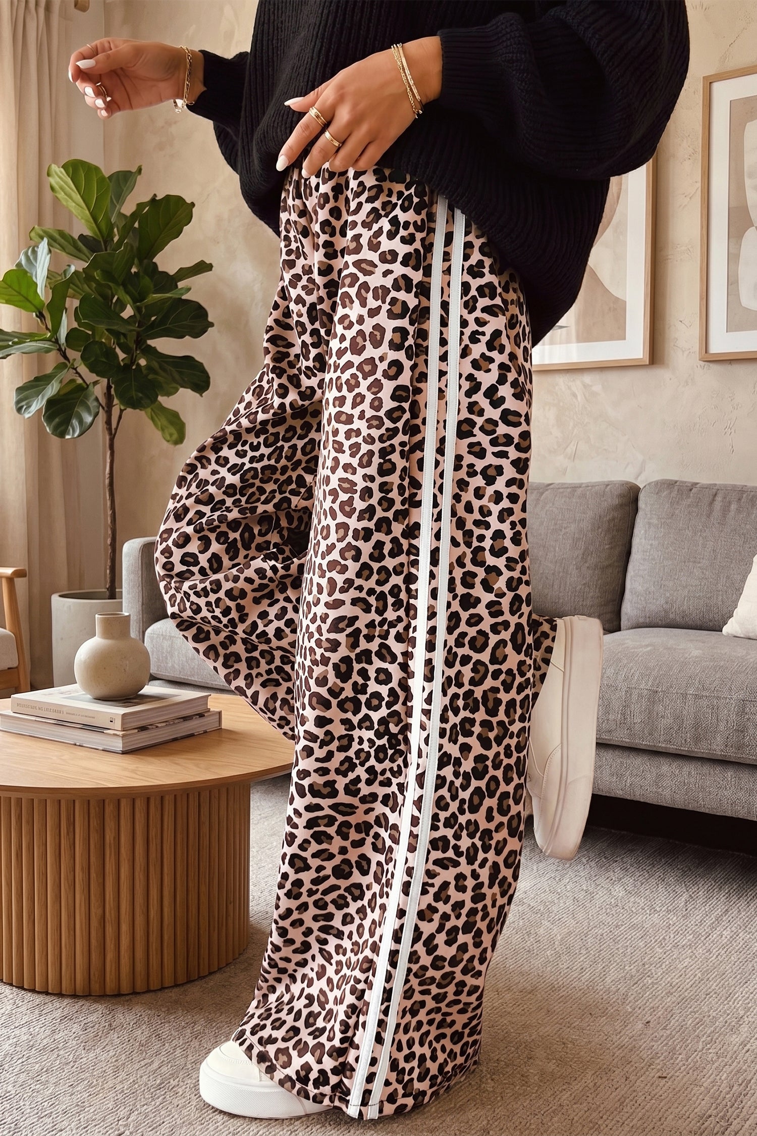 Beige Leopard Print Side Striped Detail Casual Wide Leg Pants-Bottoms/Pants & Culotte-[Adult]-[Female]-2022 Online Blue Zone Planet