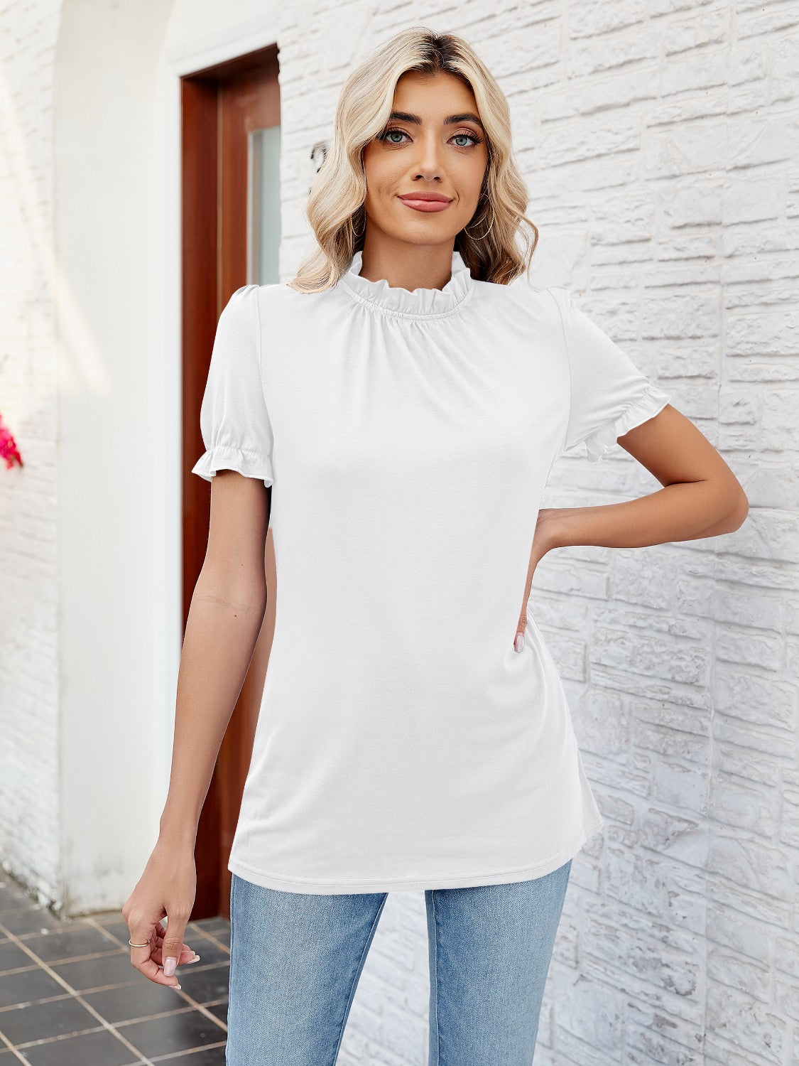 Frill Mock Neck Flounce Sleeve Blouse-TOPS / DRESSES-[Adult]-[Female]-White-S-2022 Online Blue Zone Planet