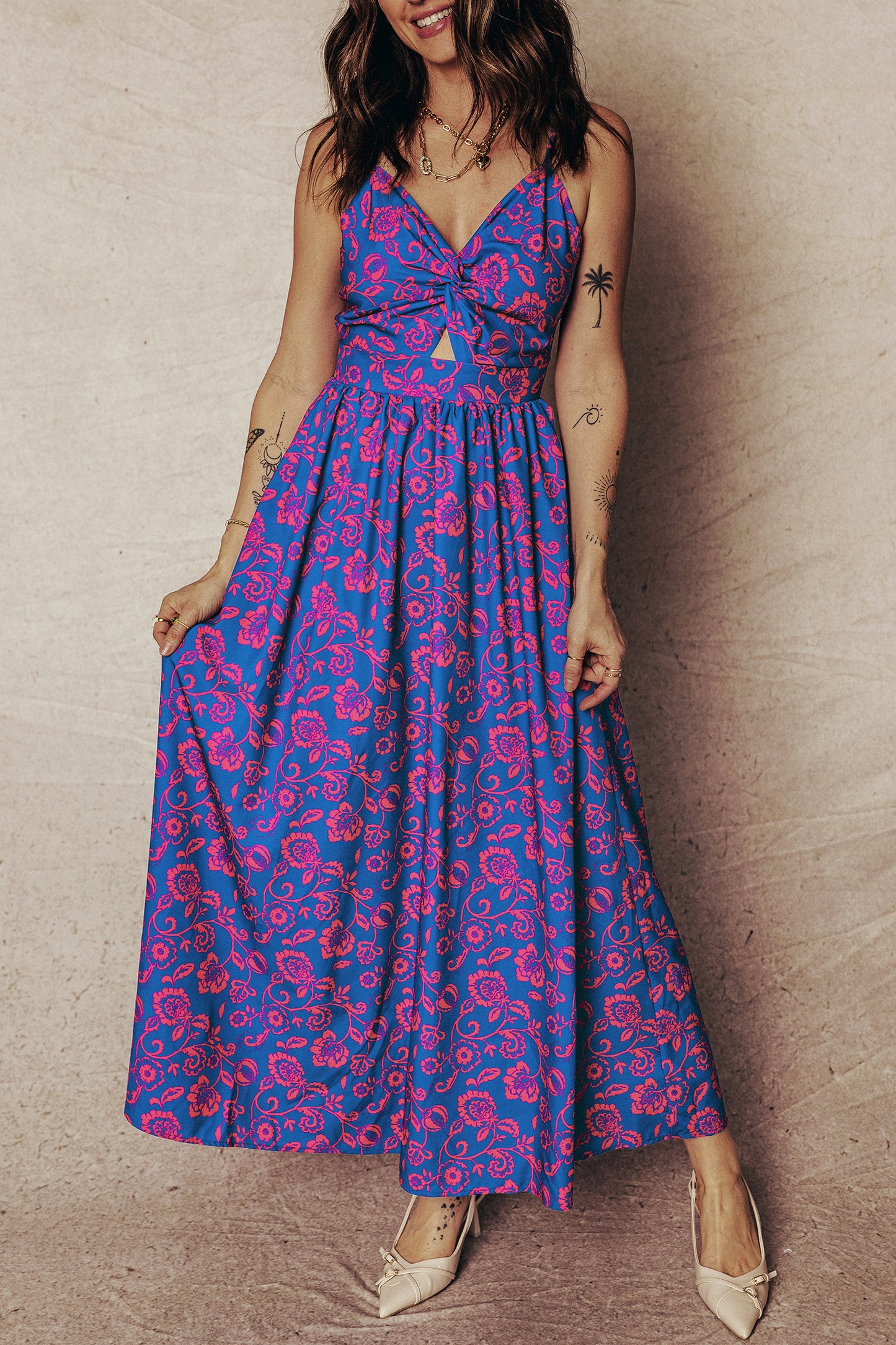Blue Floral Print Twisted V Neck Tied Backless Maxi Dress-TOPS / DRESSES-[Adult]-[Female]-Blue-S-2022 Online Blue Zone Planet
