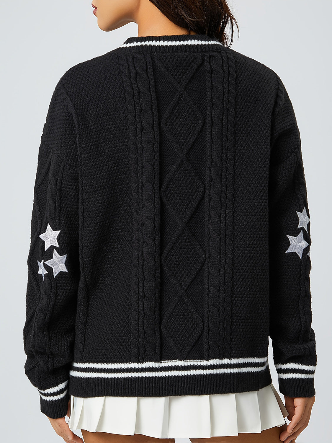 Star Embroidered V-Neck Long Sleeve Cardigan-TOPS / DRESSES-[Adult]-[Female]-2022 Online Blue Zone Planet