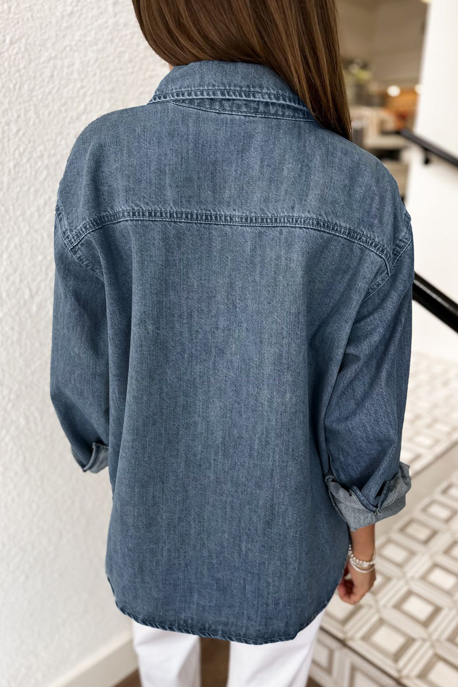 Sky Blue Color Block Pocket Detail Casual Button Down Denim Shirt-Tops/Blouses & Shirts-[Adult]-[Female]-2022 Online Blue Zone Planet