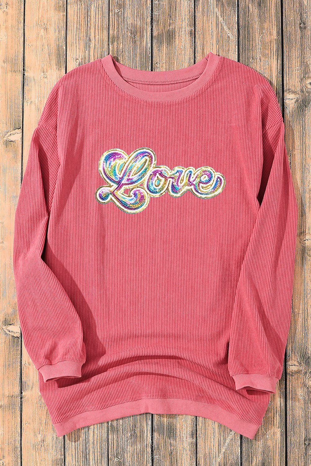 Strawberry Pink Sequin Love Graphic Corded Valentines Sweatshirt-Graphic Sweatshirts-[Adult]-[Female]-2022 Online Blue Zone Planet