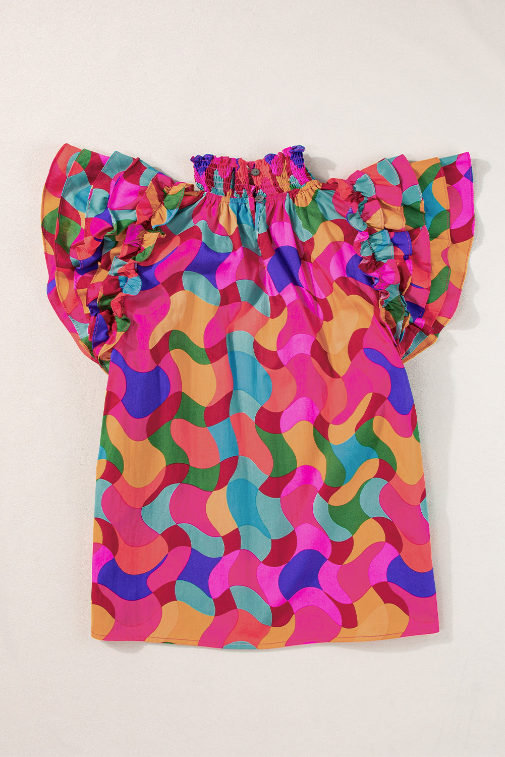 Rose Red Dramatic Ruffle Sleeve Smock Neck Wavy Print Top-Tops/Blouses & Shirts-[Adult]-[Female]-2022 Online Blue Zone Planet