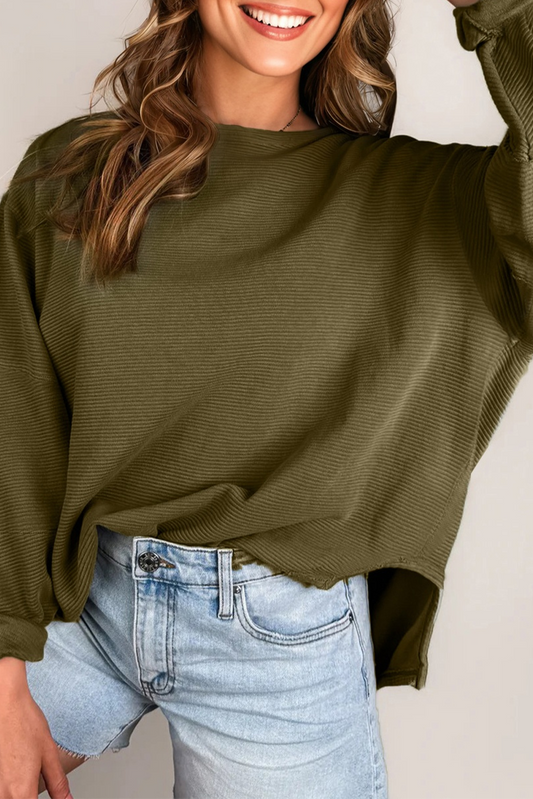 Seagrass Horizontal Ribbed Exposed Seam Patchwork Sleeve Loose Top-Tops/Long Sleeve Tops-[Adult]-[Female]-Seagrass-S-2022 Online Blue Zone Planet