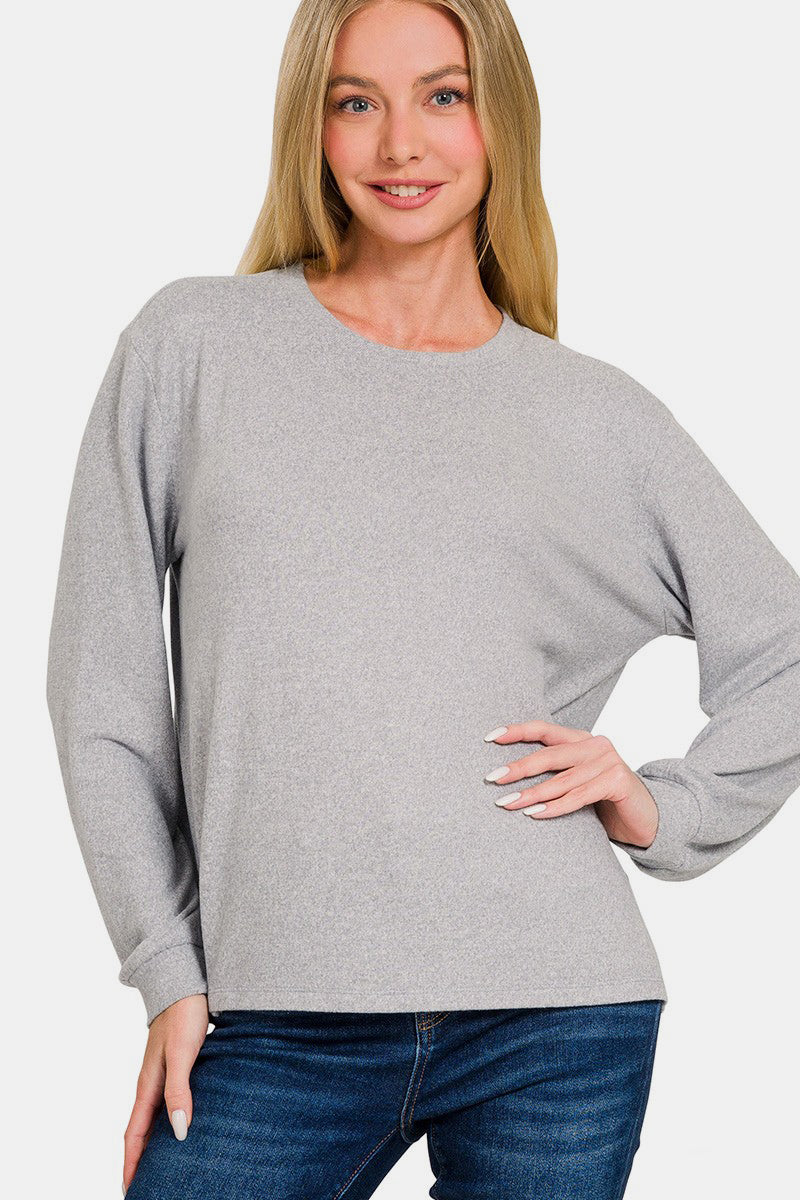 Blue Zone Planet | Zenana Hacci Round Neck Long Sleeve T-Shirt-TOPS / DRESSES-[Adult]-[Female]-Light Gray-S-2022 Online Blue Zone Planet