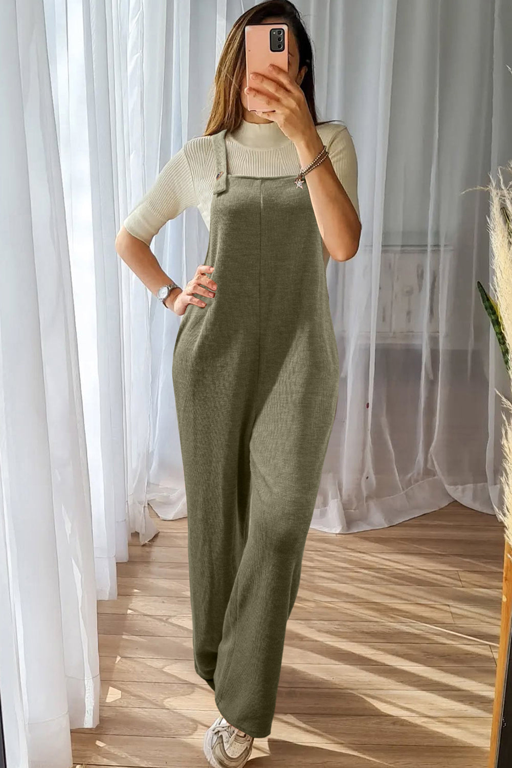 Laurel Green Solid Color Knit Loose Straight Leg Casual Overall Jumpsuit-Bottoms/Jumpsuits & Rompers-[Adult]-[Female]-2022 Online Blue Zone Planet