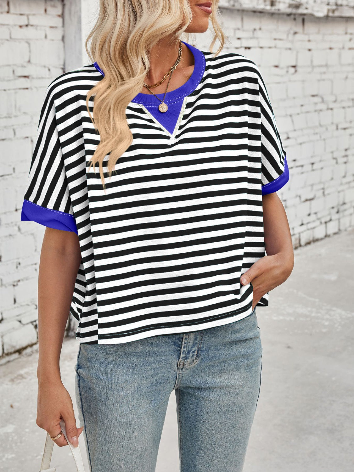 Lovelet Striped Round Neck Short Sleeve T-Shirt-TOPS / DRESSES-[Adult]-[Female]-2022 Online Blue Zone Planet