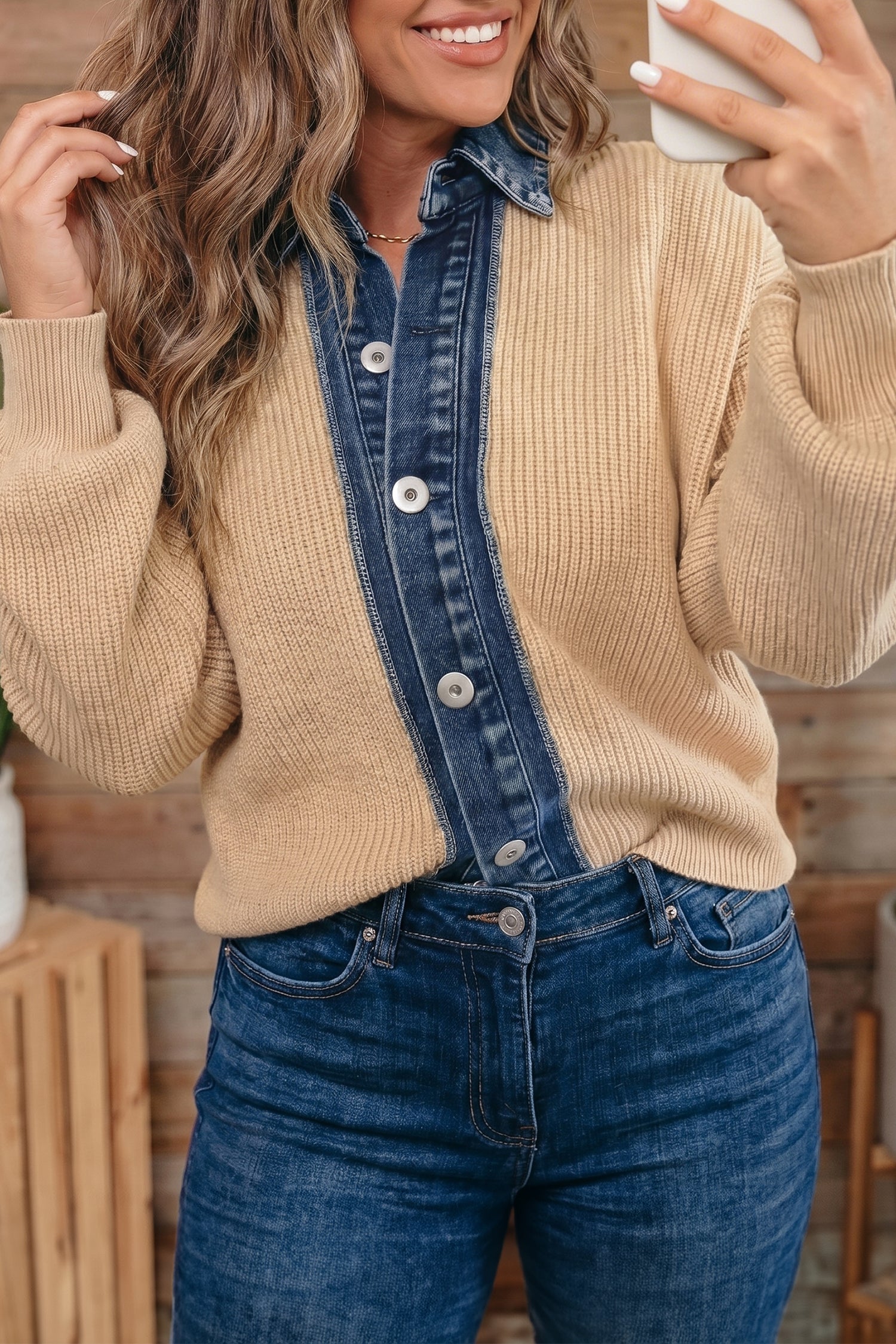 Parchment Drop Shoulder Placket Paneling Shirt Collar Long Sleeve Cardigan-Sweaters & Cardigans/Cardigans-[Adult]-[Female]-2022 Online Blue Zone Planet
