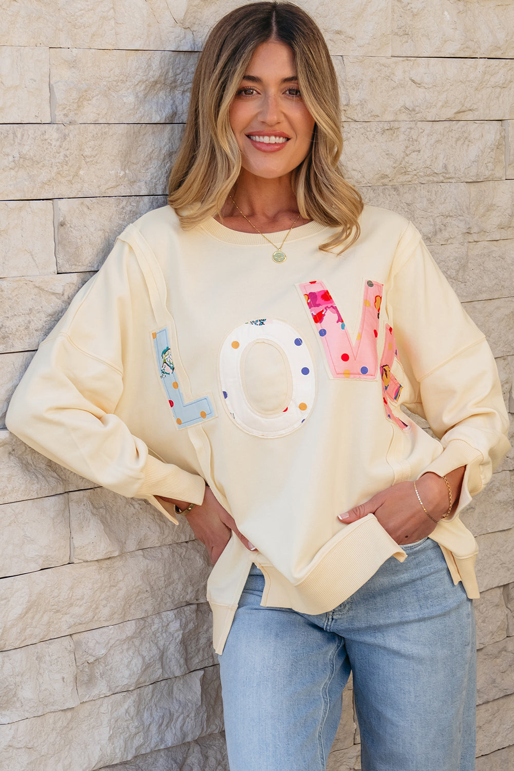 Blue Zone Planet | Apricot LOVE PATCH Graphic Oversized Sweatshirt-Tops/Sweatshirts & Hoodies-[Adult]-[Female]-2022 Online Blue Zone Planet