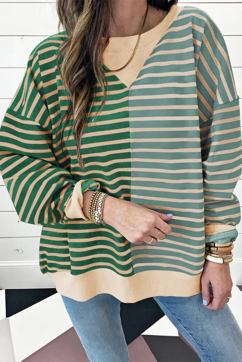 Blue Zone Planet | Contrast Stripes Round Neck Long Sleeve Sweatshirt-TOPS / DRESSES-[Adult]-[Female]-Dark Green-S-2022 Online Blue Zone Planet