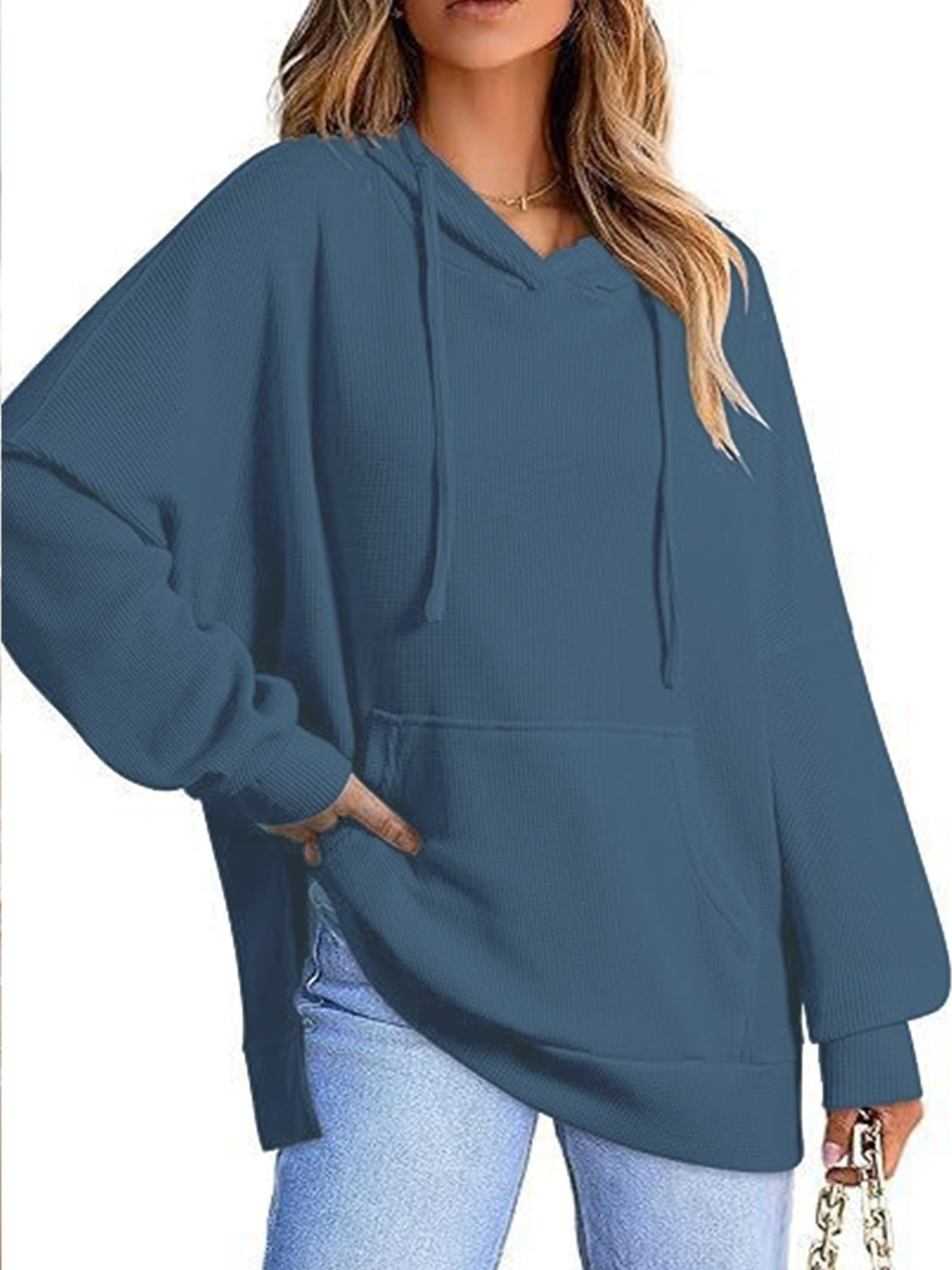 Drawstring Slit Long Sleeve Hoodie-TOPS / DRESSES-[Adult]-[Female]-2022 Online Blue Zone Planet