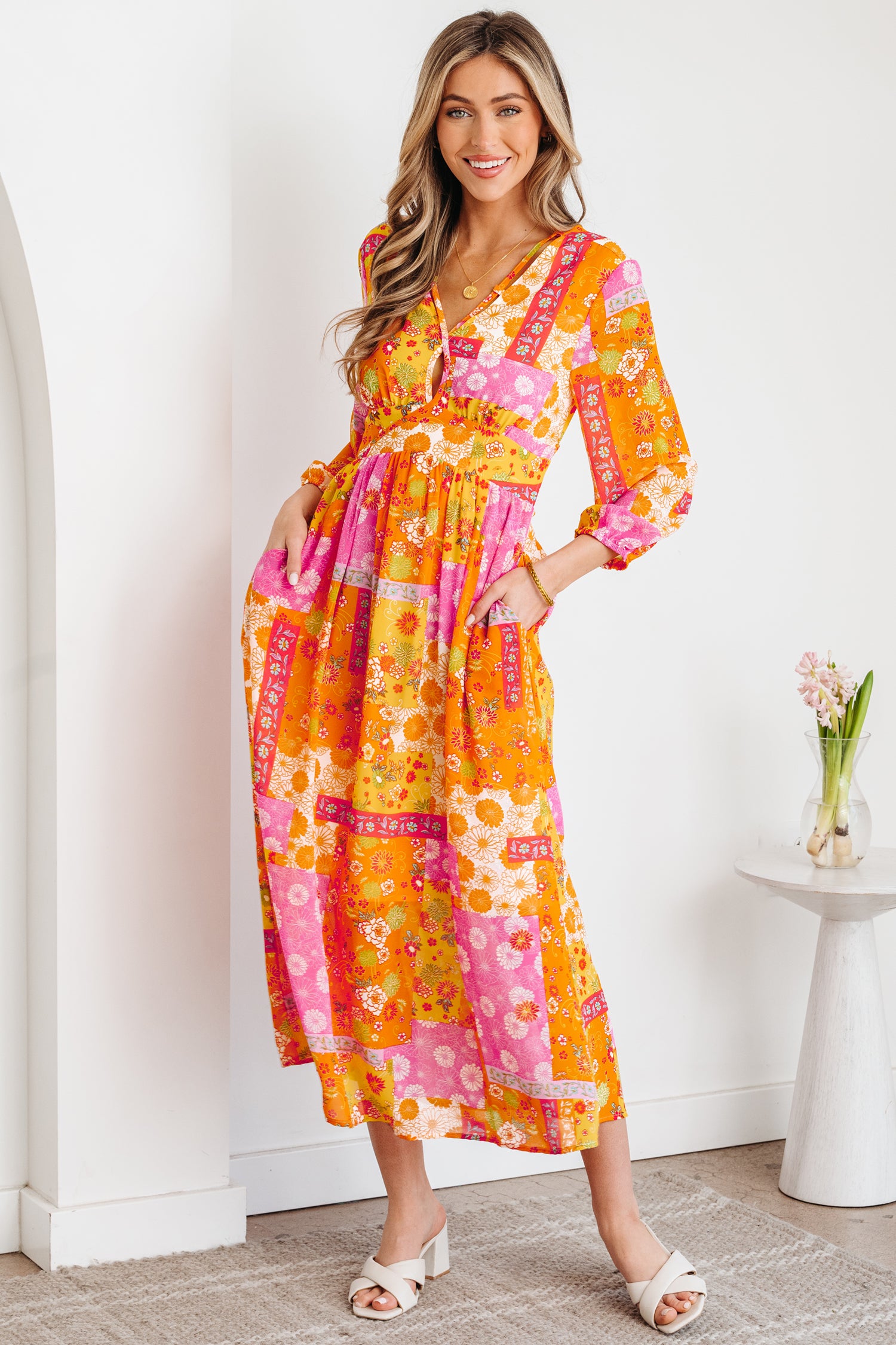 Orange Floral Patchwork Print Cut out Tied Back Bracelet Sleeve Maxi Dress-Bracelet-[Adult]-[Female]-2022 Online Blue Zone Planet