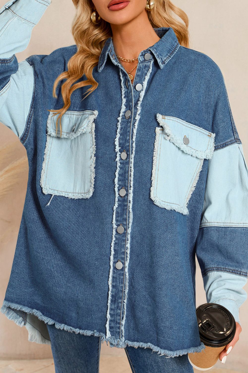 Raw Hem Color Block Denim Jacket-TOPS / DRESSES-[Adult]-[Female]-2022 Online Blue Zone Planet