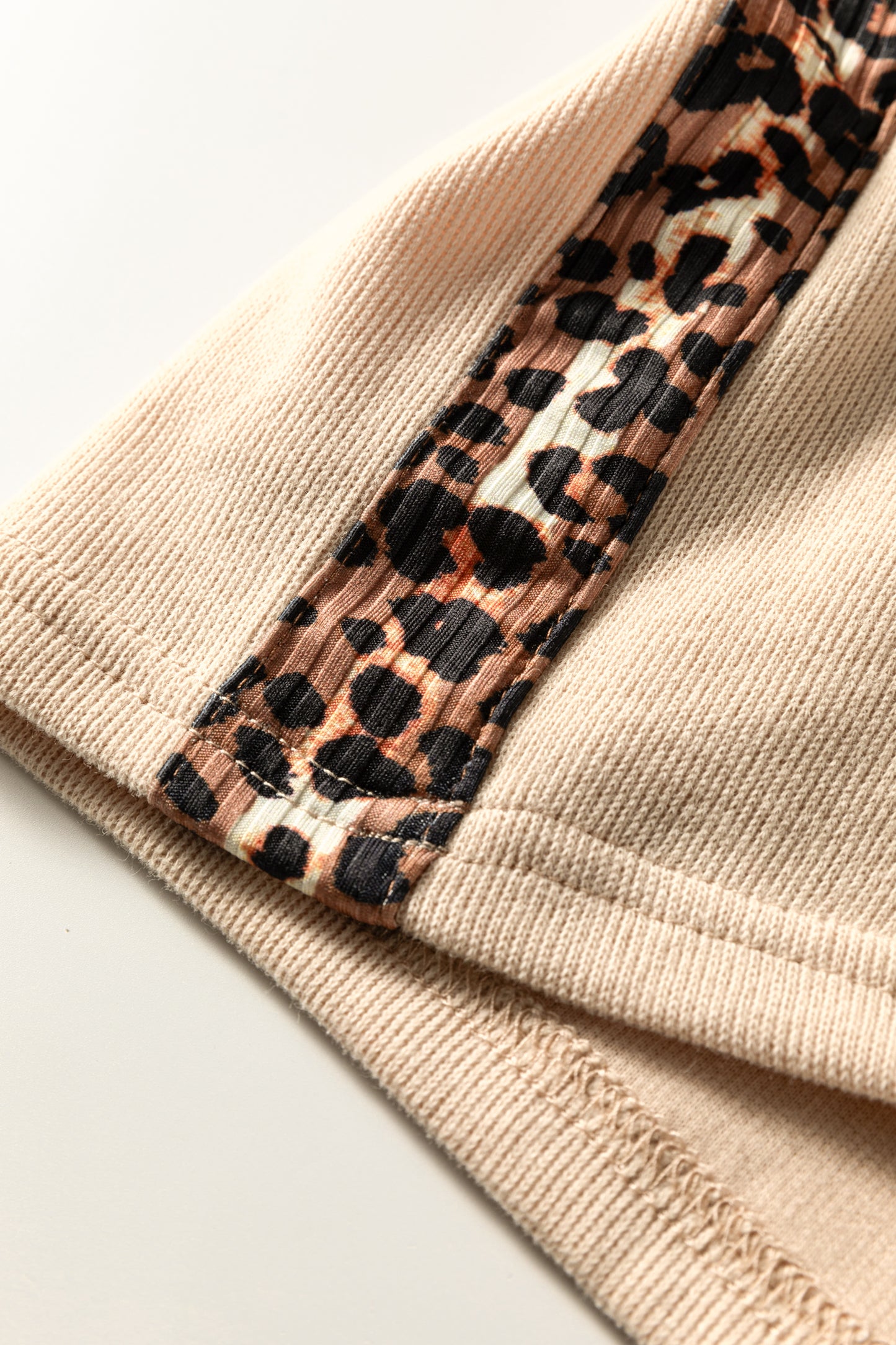 Parchment Leopard Trim Zipped Short Sleeve Casual Set-Two Piece Sets/Short Sets-[Adult]-[Female]-2022 Online Blue Zone Planet