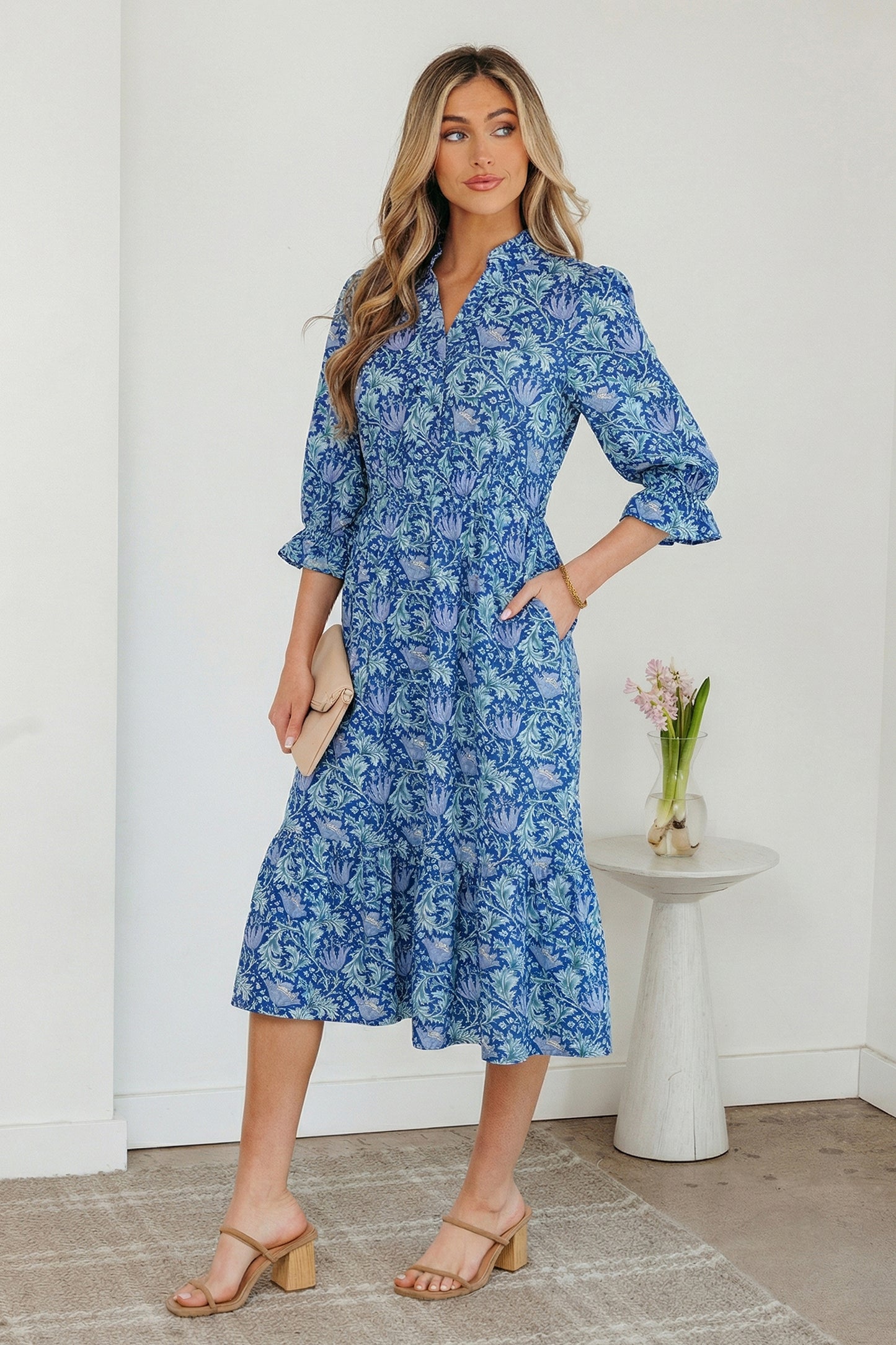 Brown Floral Printed Frilled V Neck Bracelet Sleeve Long Dress-Bracelet-[Adult]-[Female]-2022 Online Blue Zone Planet