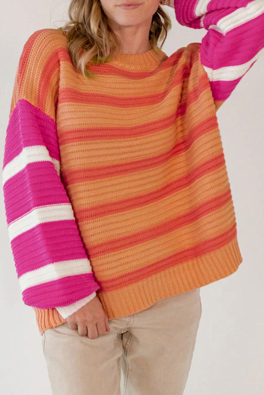 Orange Stripe Colorblock Crew Neck Drop Shoulder Loose Sweater-Sweaters & Cardigans/Sweaters-[Adult]-[Female]-Orange Stripe-S-2022 Online Blue Zone Planet