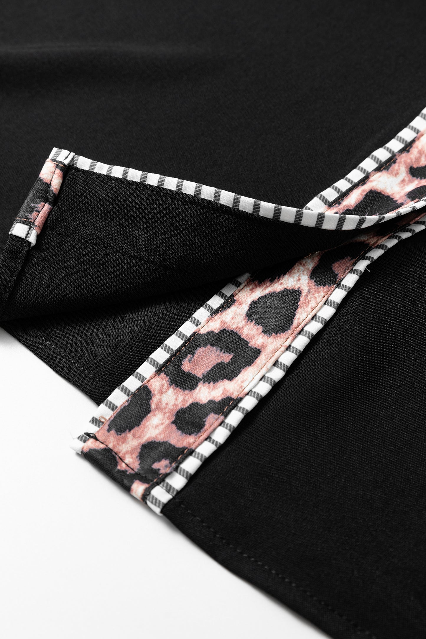 Black V Neck Short Puff Sleeve Contrast Striped Leopard Trim Button Down Shirt-Tops/Blouses & Shirts-[Adult]-[Female]-2022 Online Blue Zone Planet