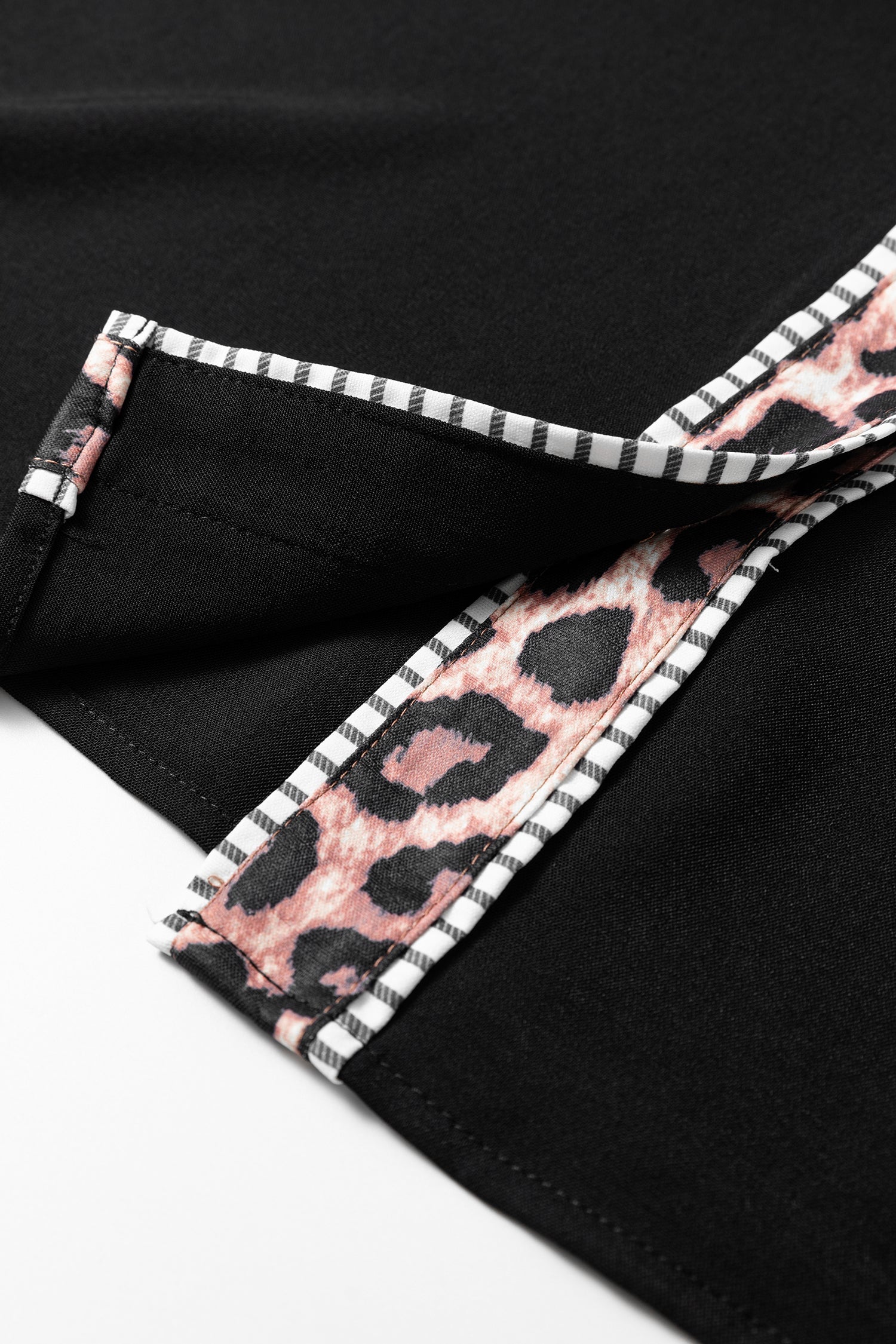 Black V Neck Short Puff Sleeve Contrast Striped Leopard Trim Button Down Shirt-Tops/Blouses & Shirts-[Adult]-[Female]-2022 Online Blue Zone Planet