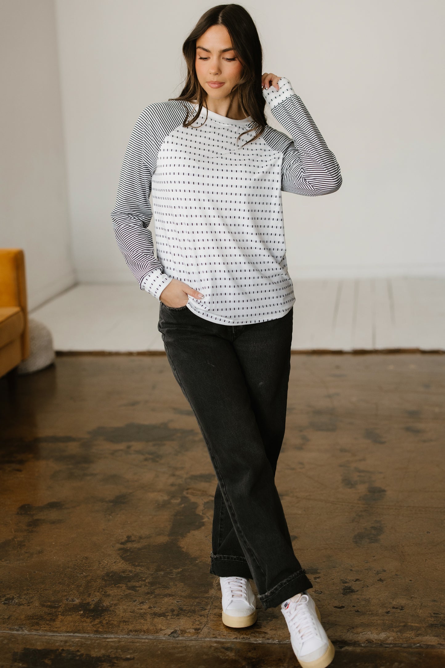 Black Stripe Raglan Patchwork Long Sleeve Tee-Tops/Long Sleeve Tops-[Adult]-[Female]-2022 Online Blue Zone Planet