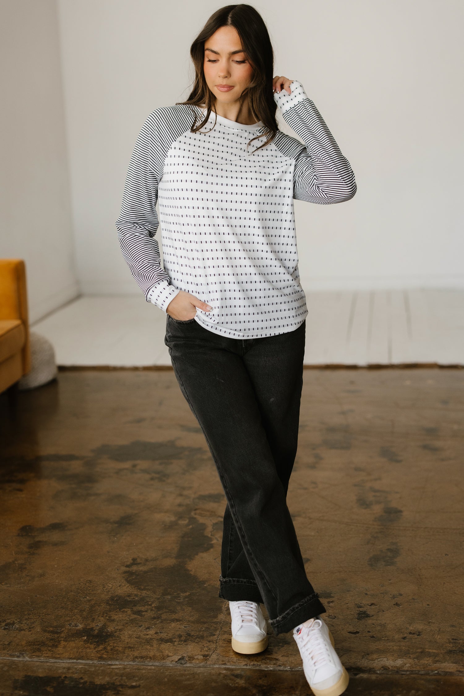 Black Stripe Raglan Patchwork Long Sleeve Tee-Tops/Long Sleeve Tops-[Adult]-[Female]-2022 Online Blue Zone Planet