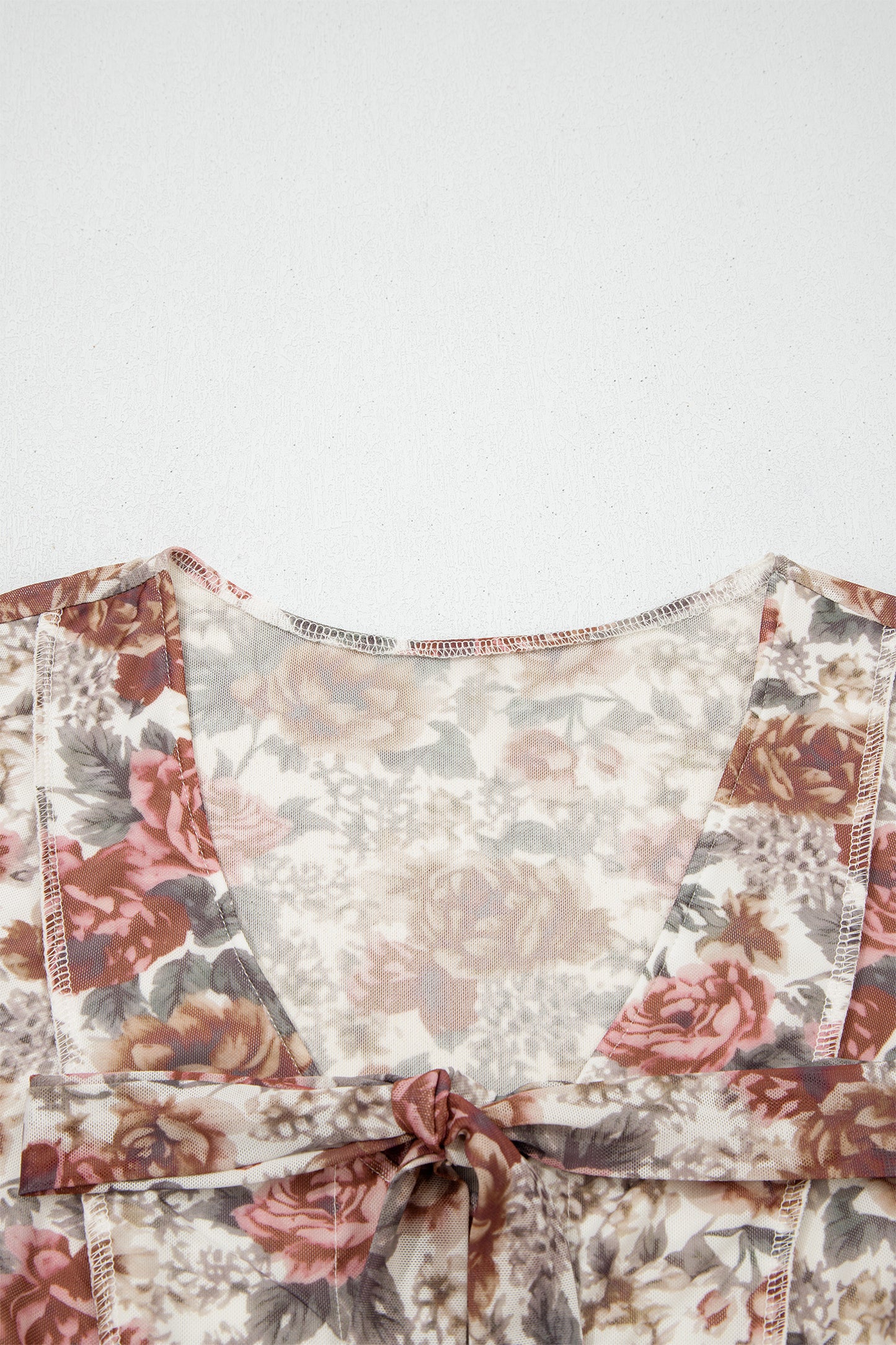 Red Floral Print Stitched Detail Tie V Neck Long Bell Sleeve Blouse-Tops/Blouses & Shirts-[Adult]-[Female]-2022 Online Blue Zone Planet