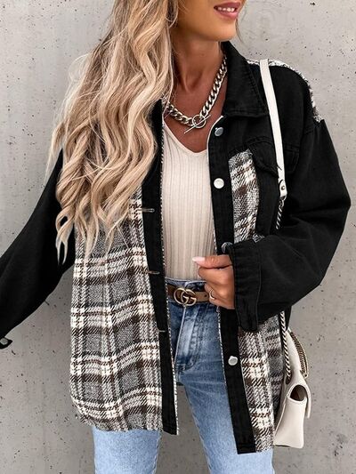 Plaid Button Up Dropped Shoulder Jacket BLUE ZONE PLANET