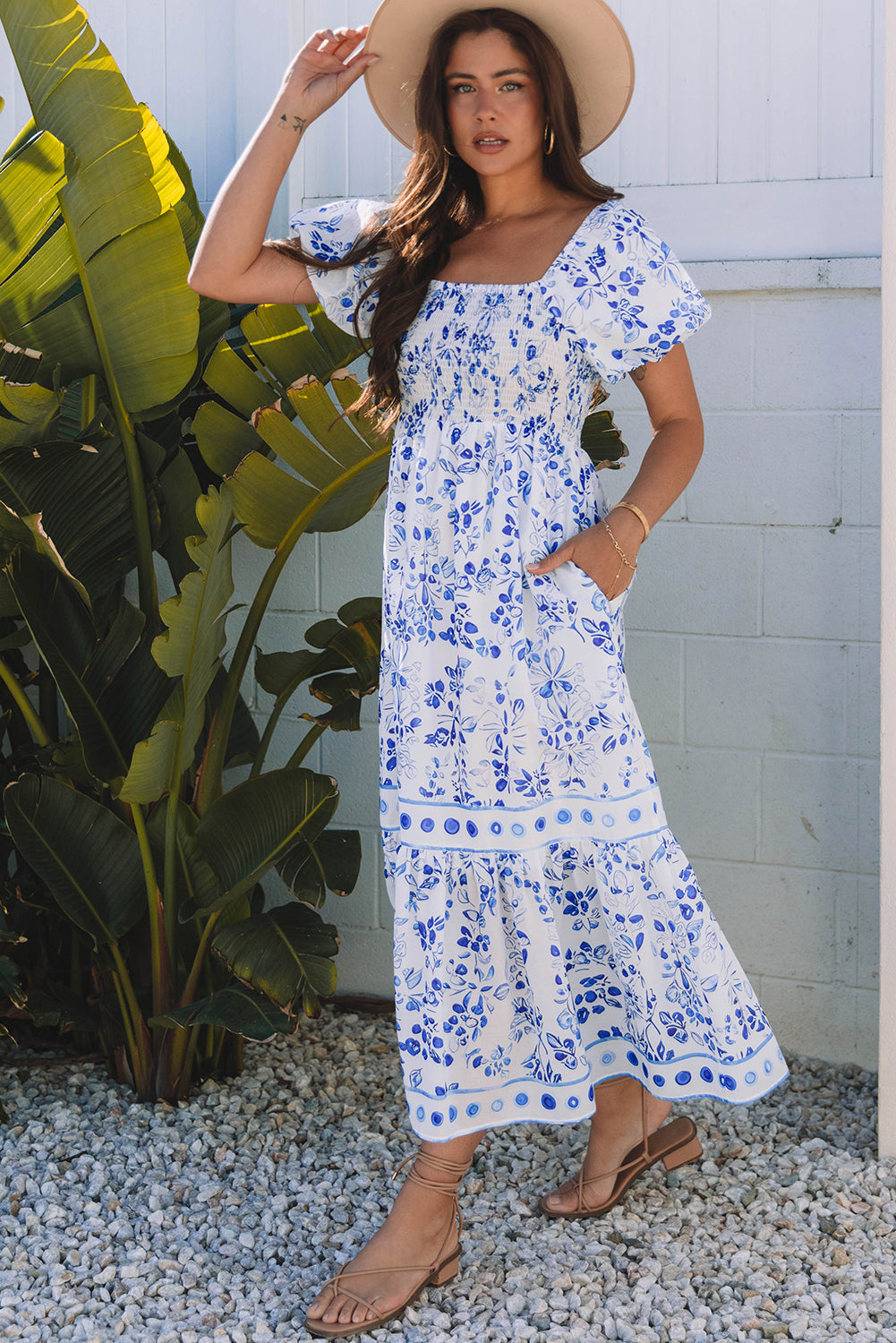 Sky Blue Floral Print Square Neck Bubble Sleeve High Waist Maxi Dress-TOPS / DRESSES-[Adult]-[Female]-2022 Online Blue Zone Planet