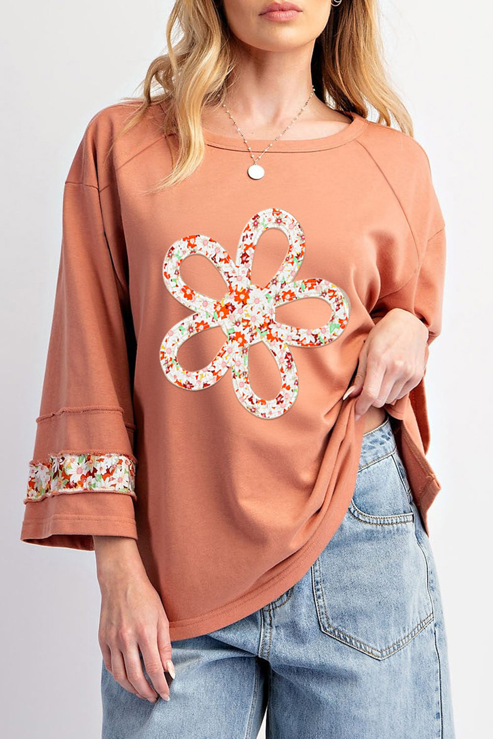 Grapefruit Orange Flower Patch Graphic Exposed Seam Wide Sleeve Top-Graphic/Graphic Long Sleeve Tees-[Adult]-[Female]-Grapefruit Orange-S-2022 Online Blue Zone Planet