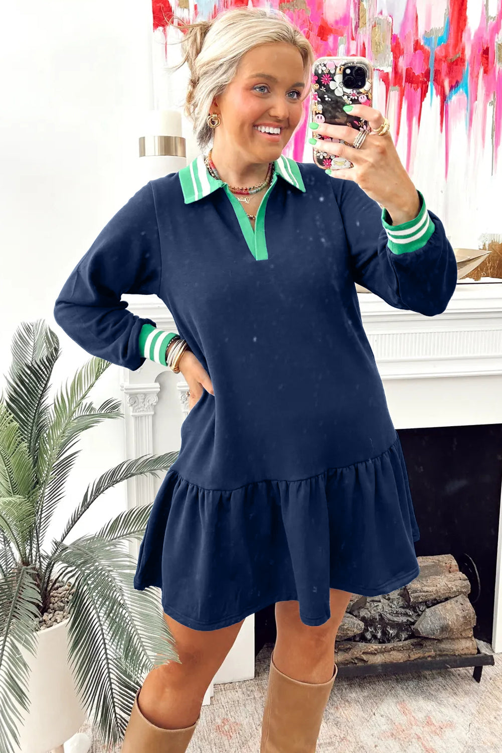 Navy Blue Contrast Striped Cuffs Polo Collar Patchwork Long Sleeve Ruffle Hem Mini Dress-TOPS / DRESSES-[Adult]-[Female]-2022 Online Blue Zone Planet