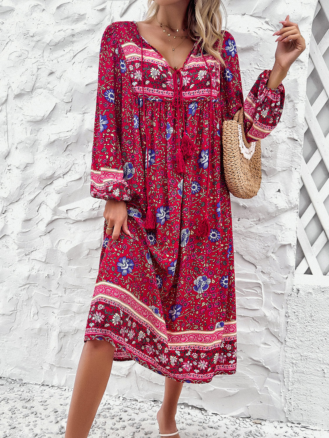 Raven's Tassel Tied Boho Printed Long Sleeve Midi Dress BLUE ZONE PLANET