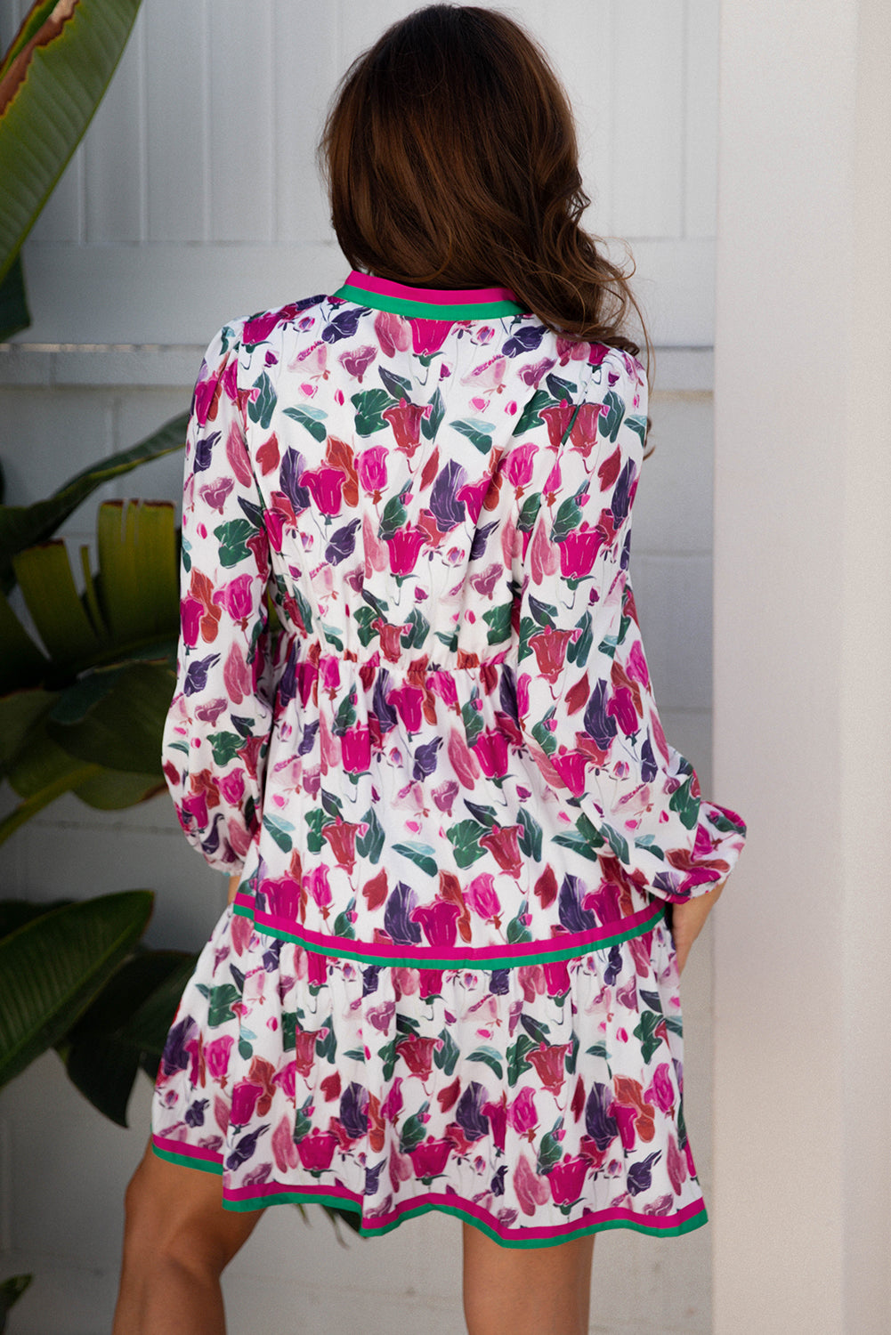 Purple Floral Print Contrast Striped Detail Long Sleeve Mini Dress-TOPS / DRESSES-[Adult]-[Female]-2022 Online Blue Zone Planet